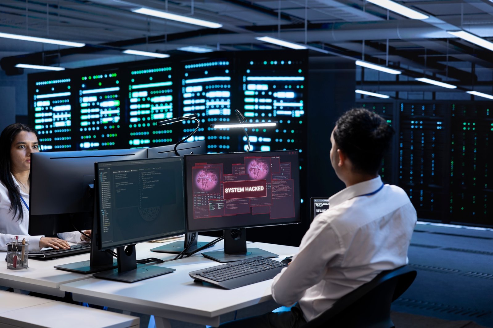 Data center cybersecurity division colleagues fighting malware